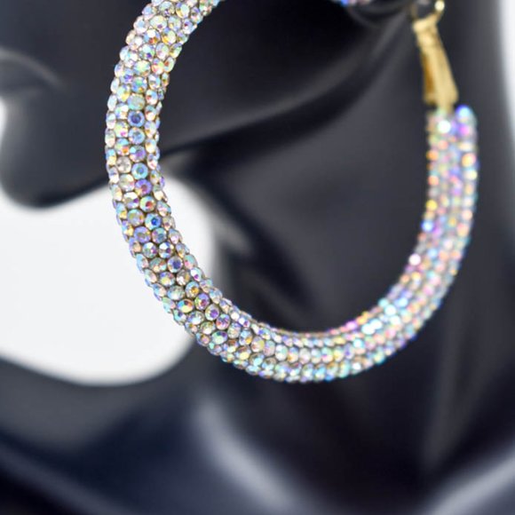 2.25" AB Clear Pave Wrap Rhinestone Hoop Earrings - Picture 3 of 9